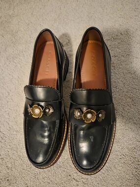 Coach Black Leather Floral-Accent Women's Loafers